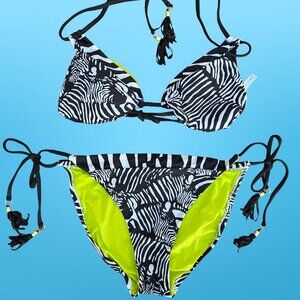 Trina Turk Tanzania Zebra Print Bikini Size 12 Black White Neon Green Emo Scene